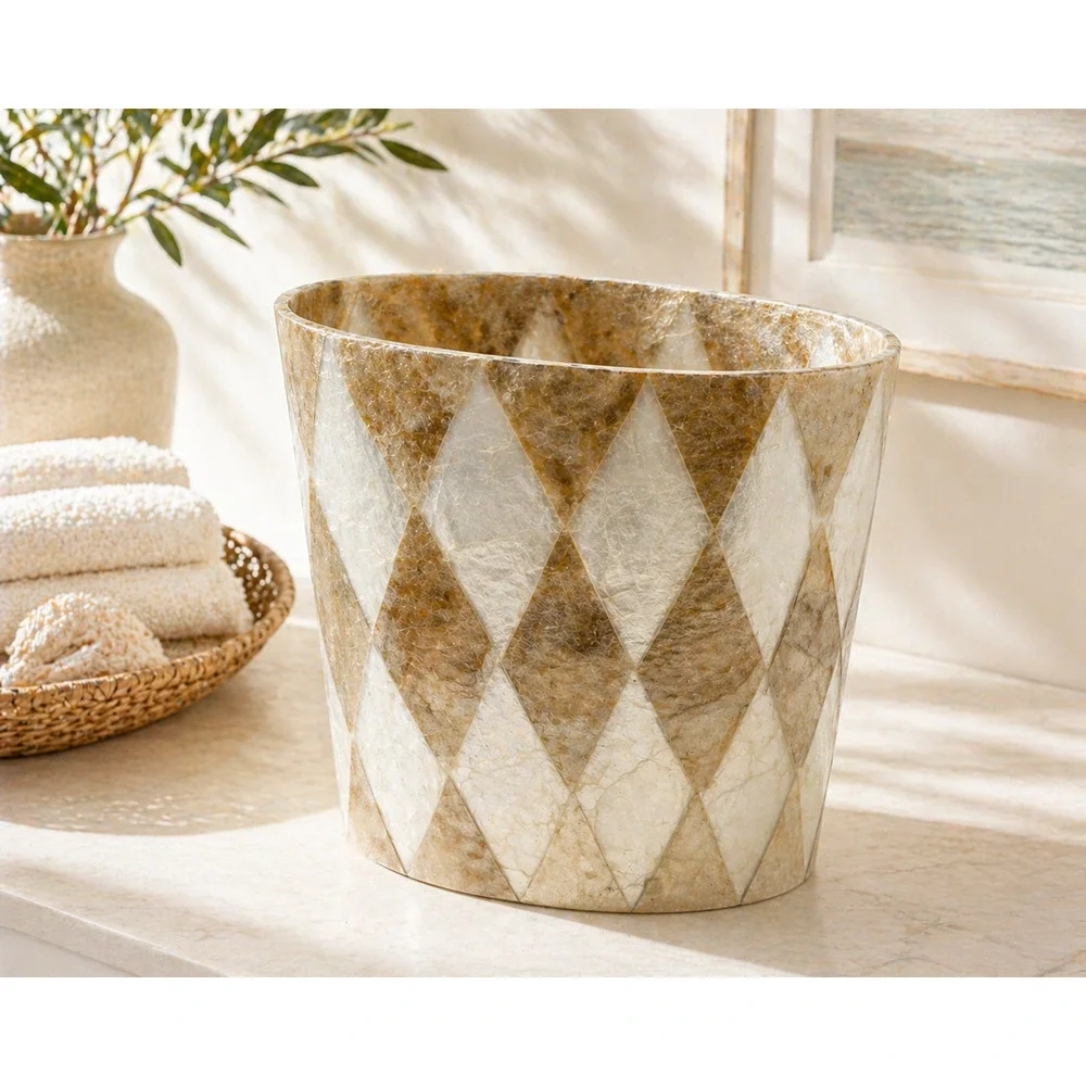 Natural Capiz Shell Harlequin Wastebasket Trash Can Coastal Organic Modern